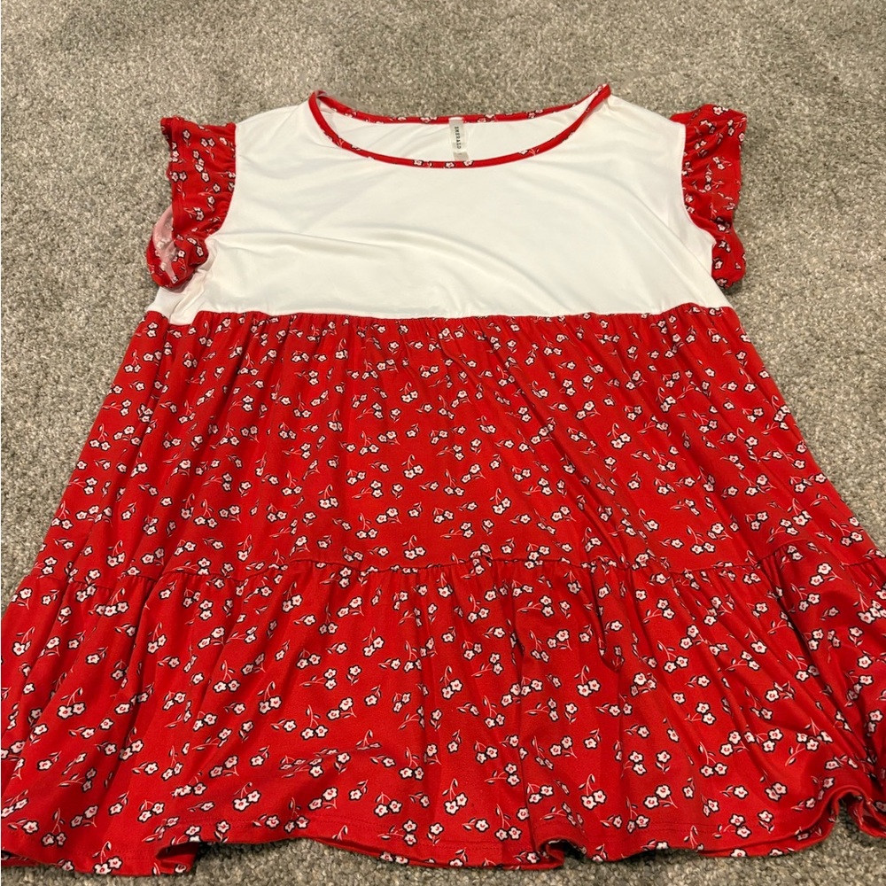 Emerald Red and White Floral Trim Top